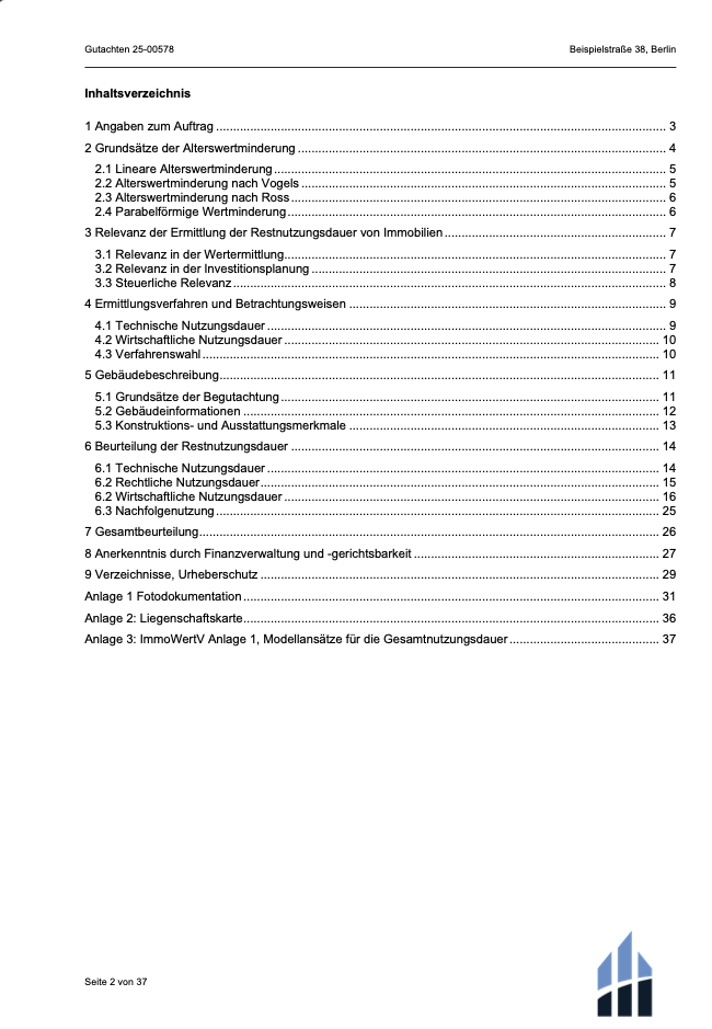 Inhaltsverzeichnis eines Gutachtens zur Immobilienbewertung durch einen Immobiliengutachter