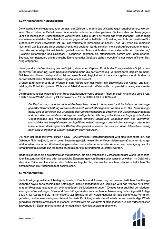 Seite eines Gutachtens zur Immobilienbewertung mit Erläuterung der wirtschaftlichen Nutzungsdauer durch einen Immobiliengutachter