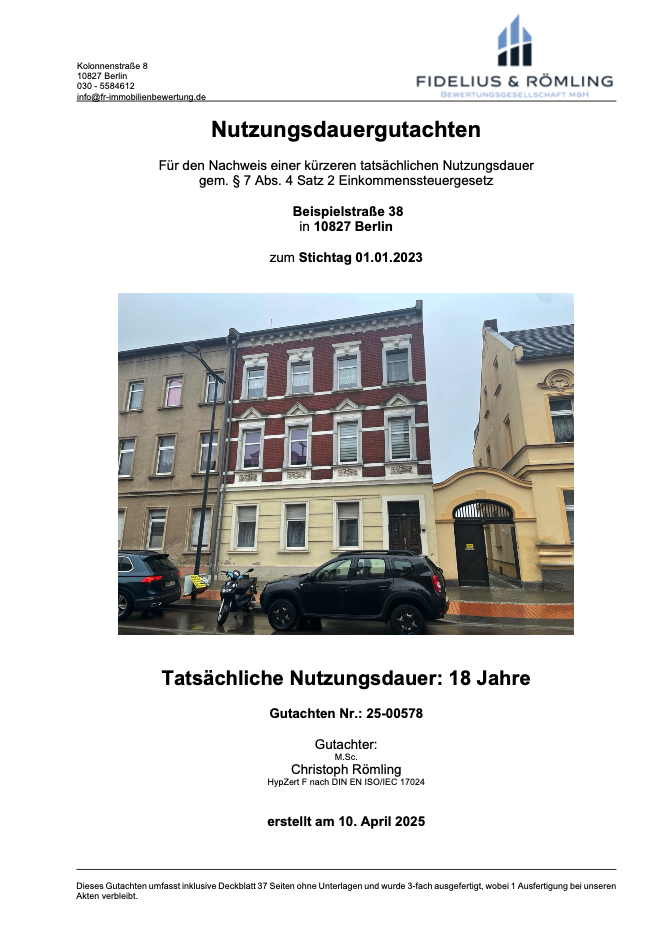 Deckblatt eines Nutzungsgutachtens zur Immobilienbewertung durch einen zertifizierten Immobiliengutachter in Berlin